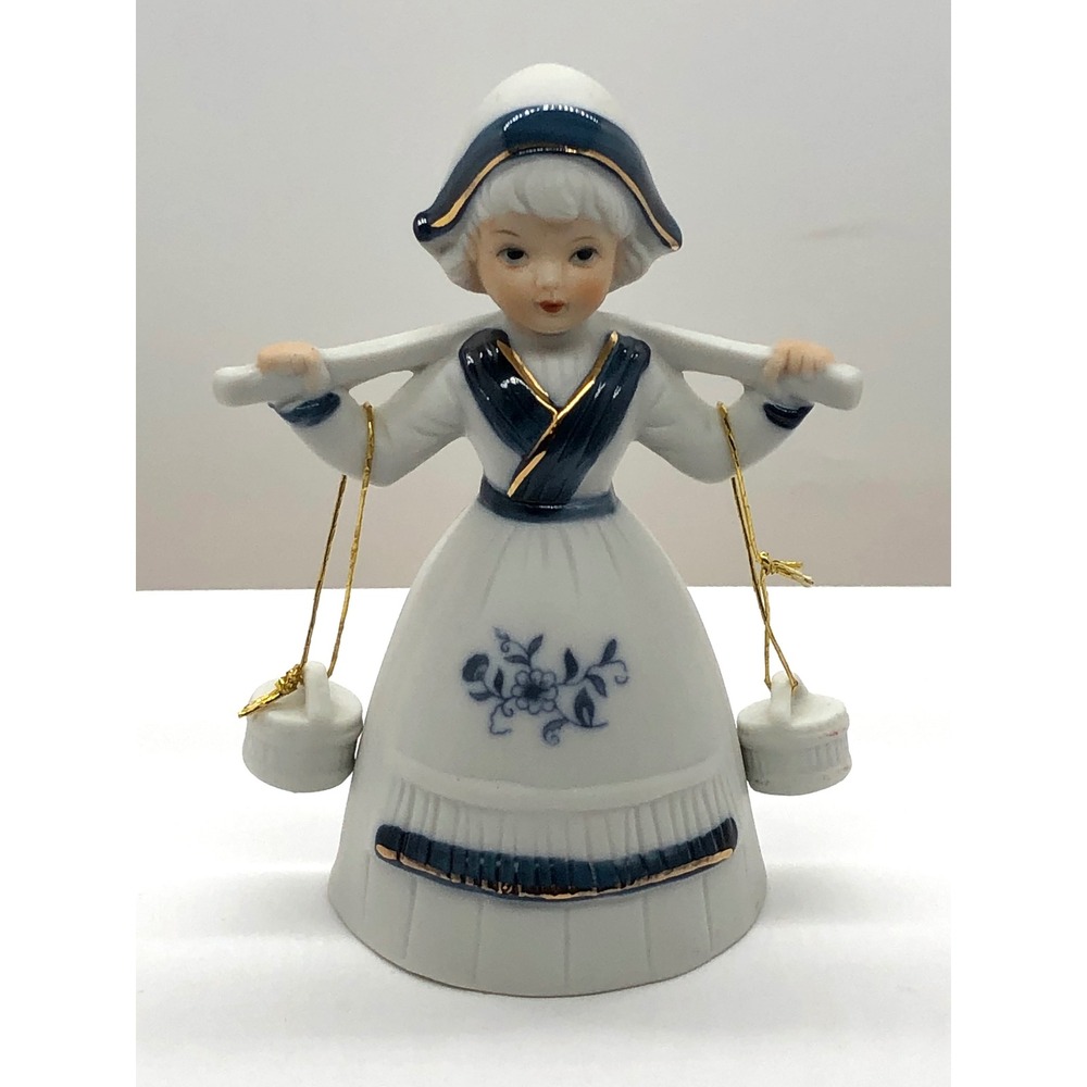Vintage Dutch Girl Porcelain Bell Figurine Blue White Gold Gilt Water Carrier
